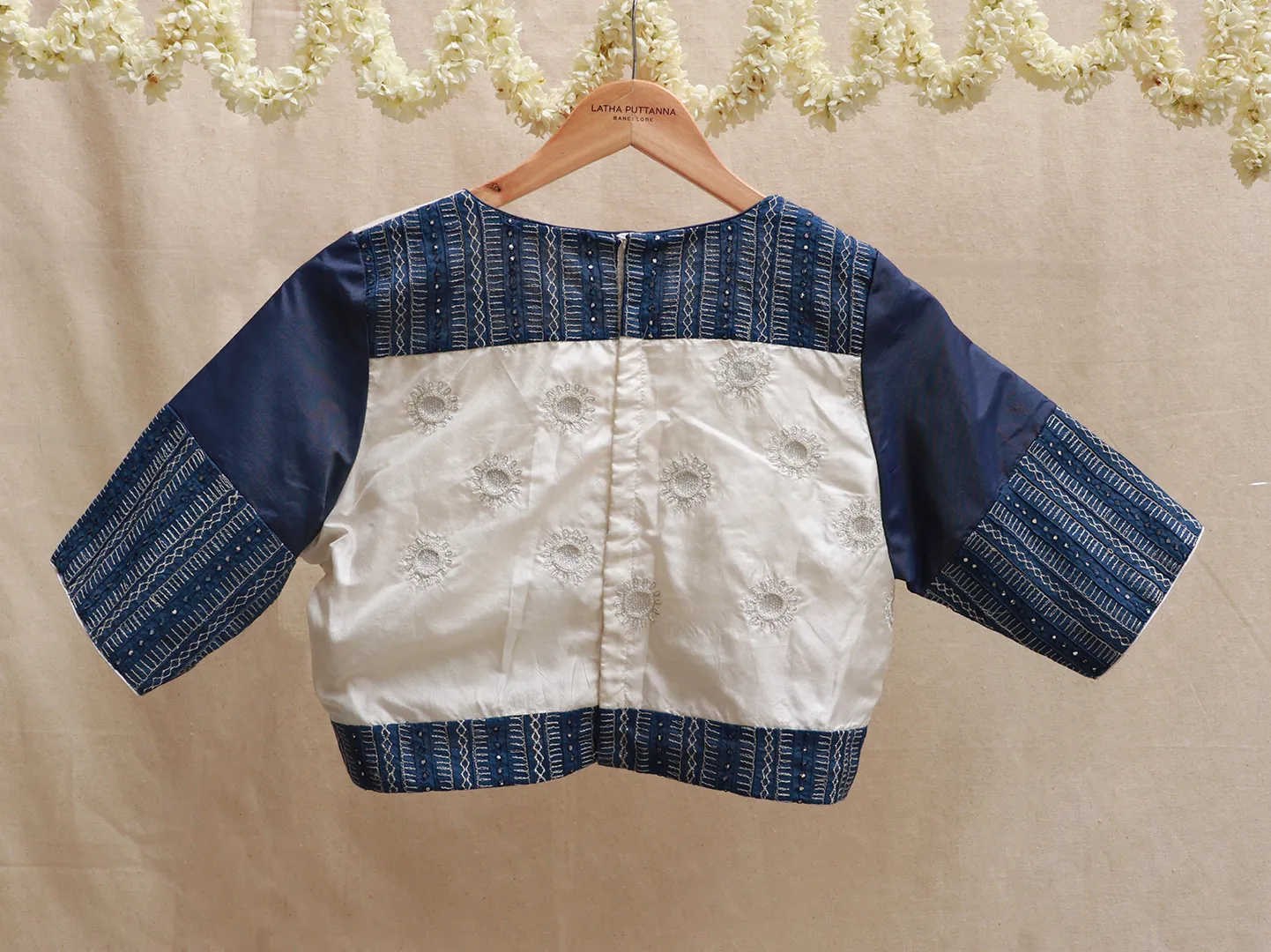 Denim blue and White silk blouse