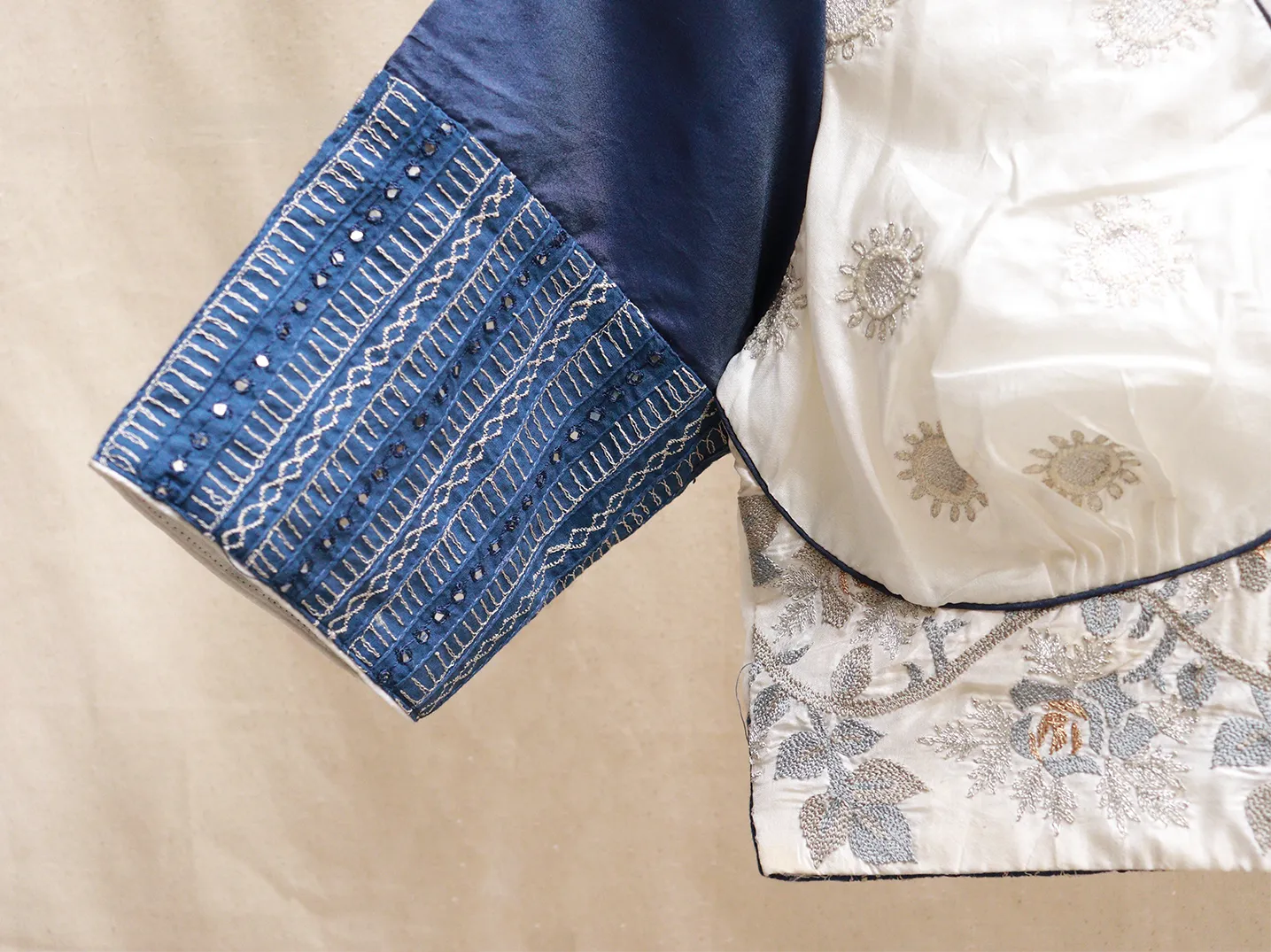 Denim blue and White silk blouse