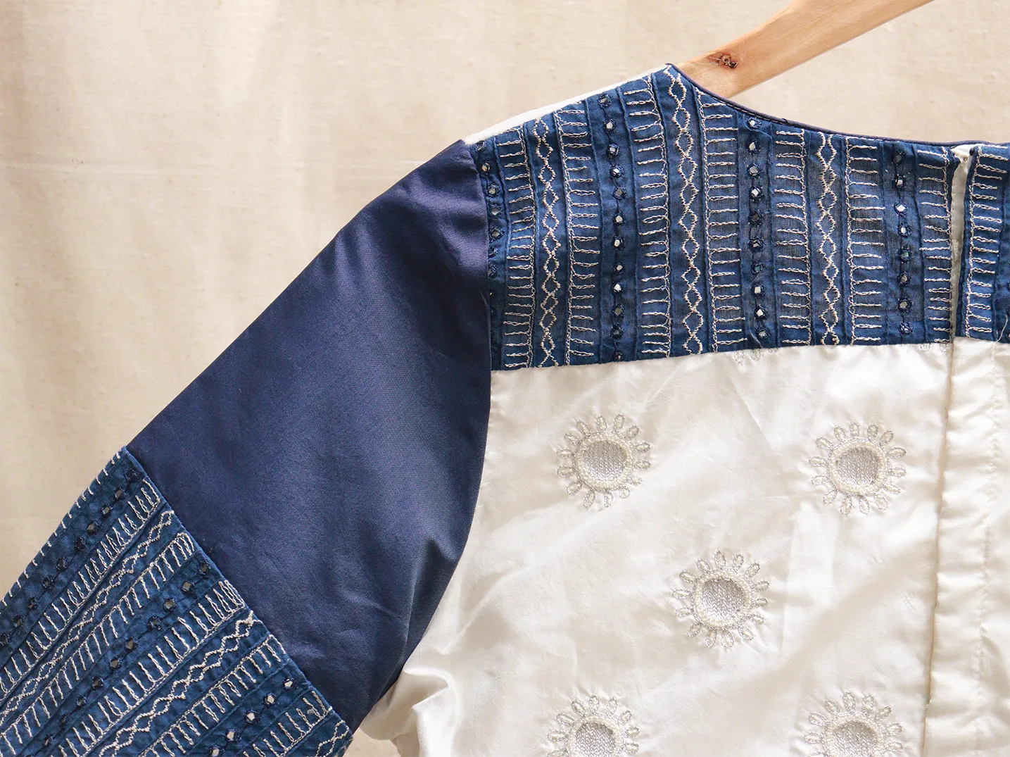 Denim blue and White silk blouse