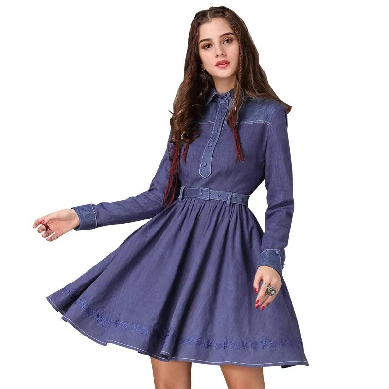 Denim Long Sleeve Belted Women Dress