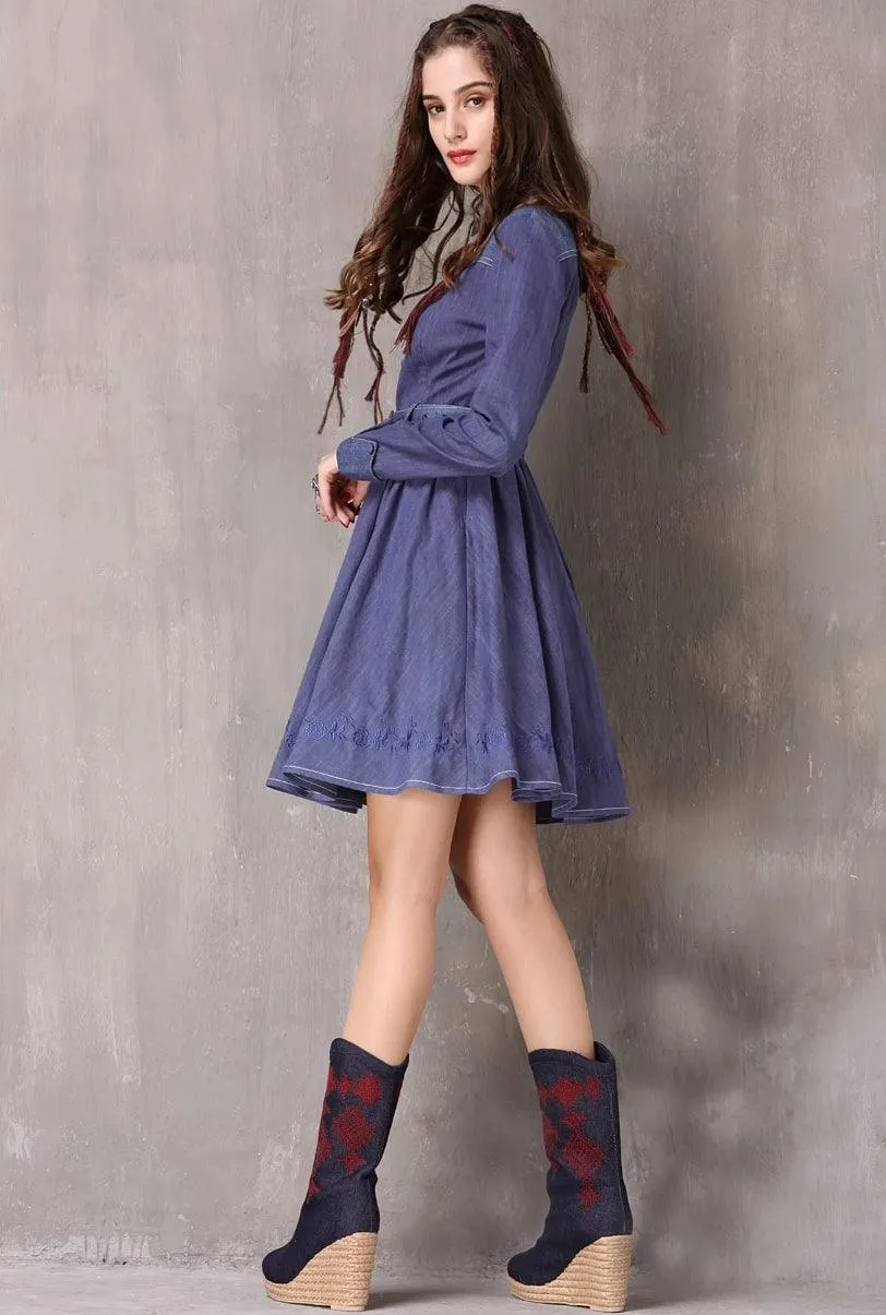 Denim Long Sleeve Belted Women Dress