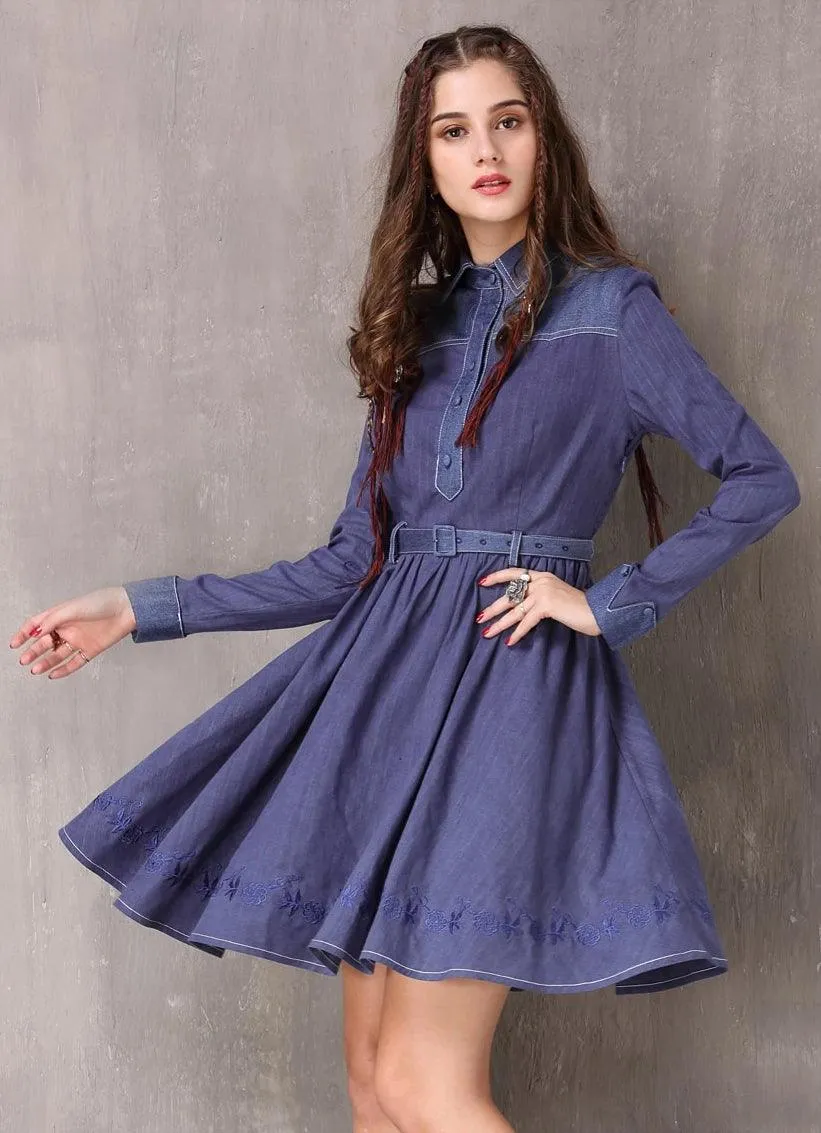 Denim Long Sleeve Belted Women Dress