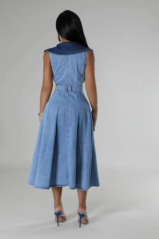 DENIM SIDE CUT OUT FLARE DRESS