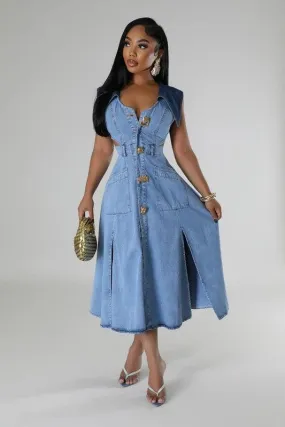 DENIM SIDE CUT OUT FLARE DRESS