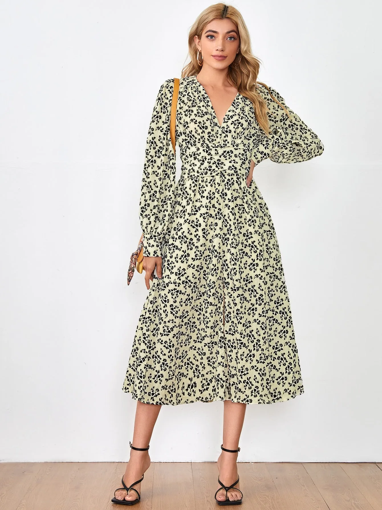 Ditsy Floral Ruched Long Sleeve V Neck Wrap High Waist Long Dress