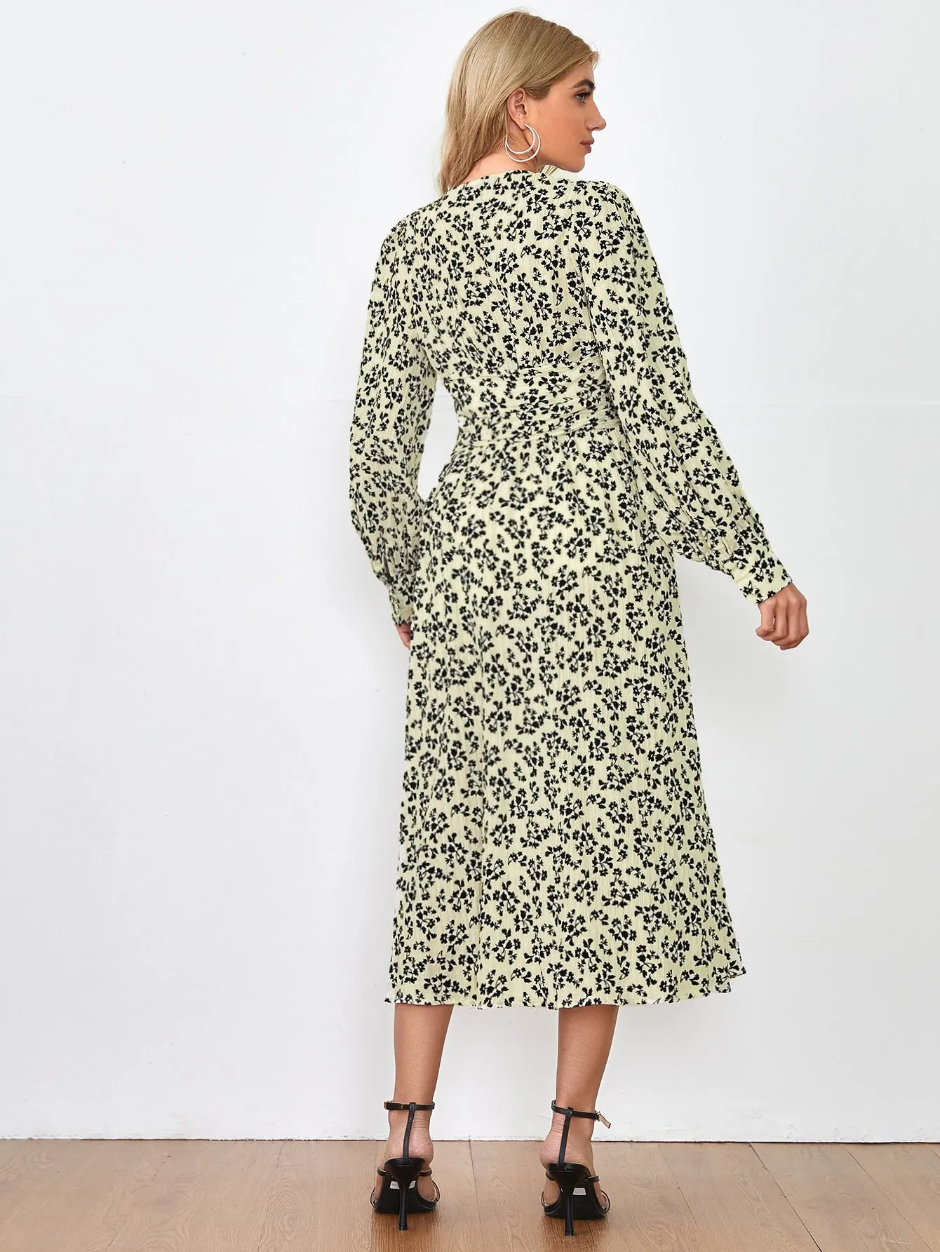 Ditsy Floral Ruched Long Sleeve V Neck Wrap High Waist Long Dress