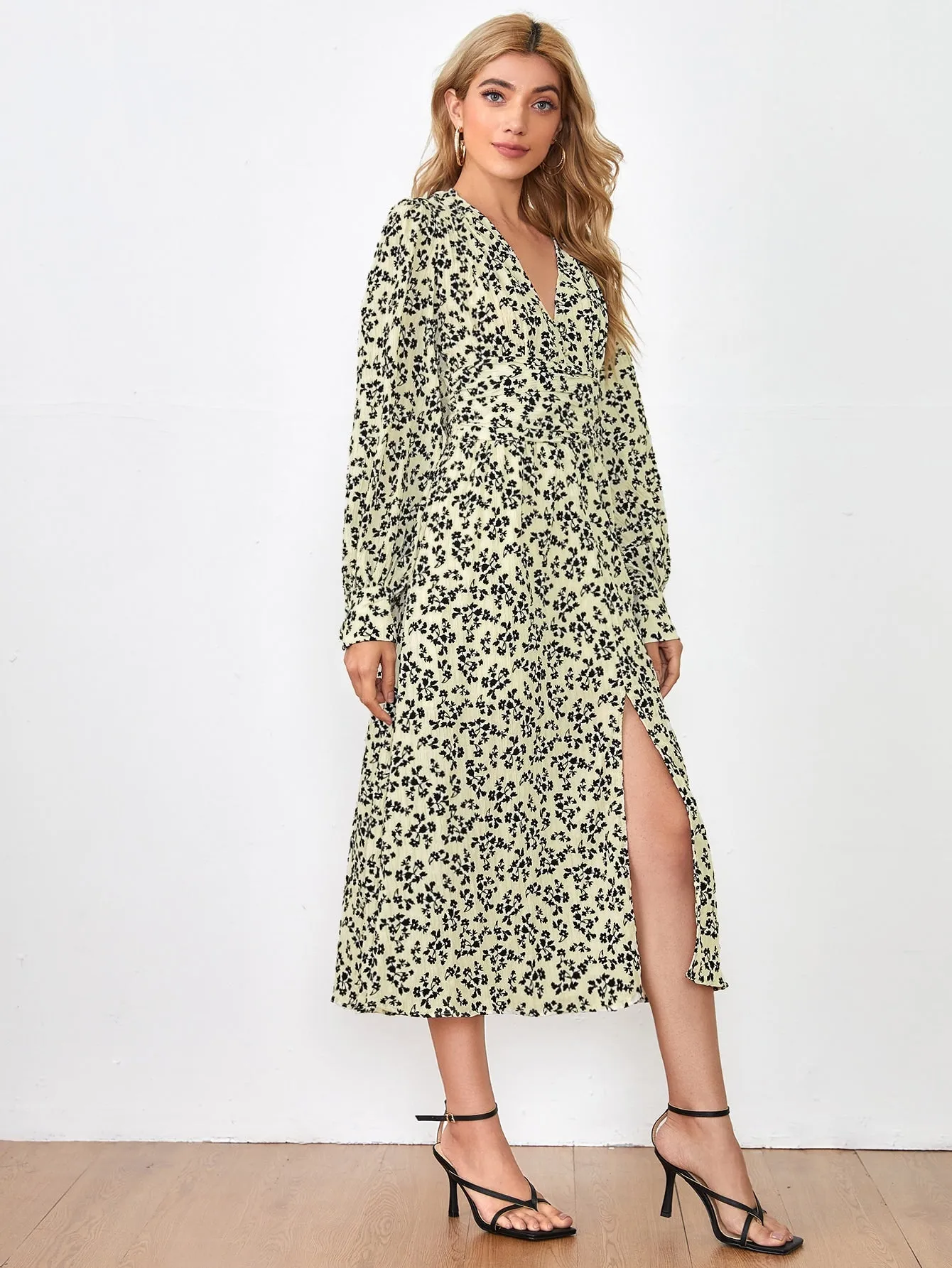 Ditsy Floral Ruched Long Sleeve V Neck Wrap High Waist Long Dress