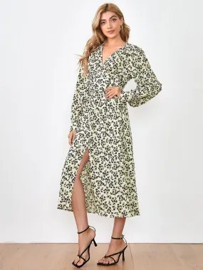 Ditsy Floral Ruched Long Sleeve V Neck Wrap High Waist Long Dress