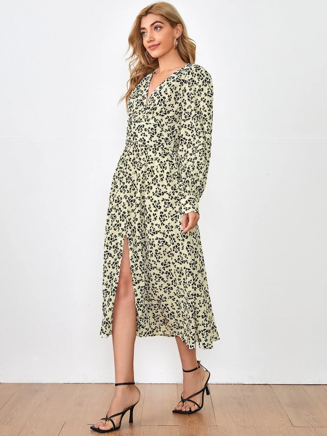 Ditsy Floral Ruched Long Sleeve V Neck Wrap High Waist Long Dress