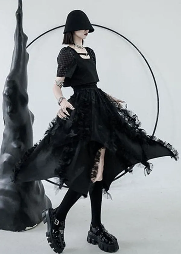 DIY Black Elastic Waist Asymmetrical Design Ruffled A Line Skirts Summer