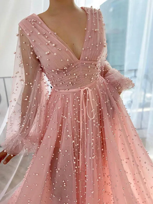 Dusty Rose A-line V-neck Long Sleeves Beaded Prom Dresses, Evening Dress, SP762