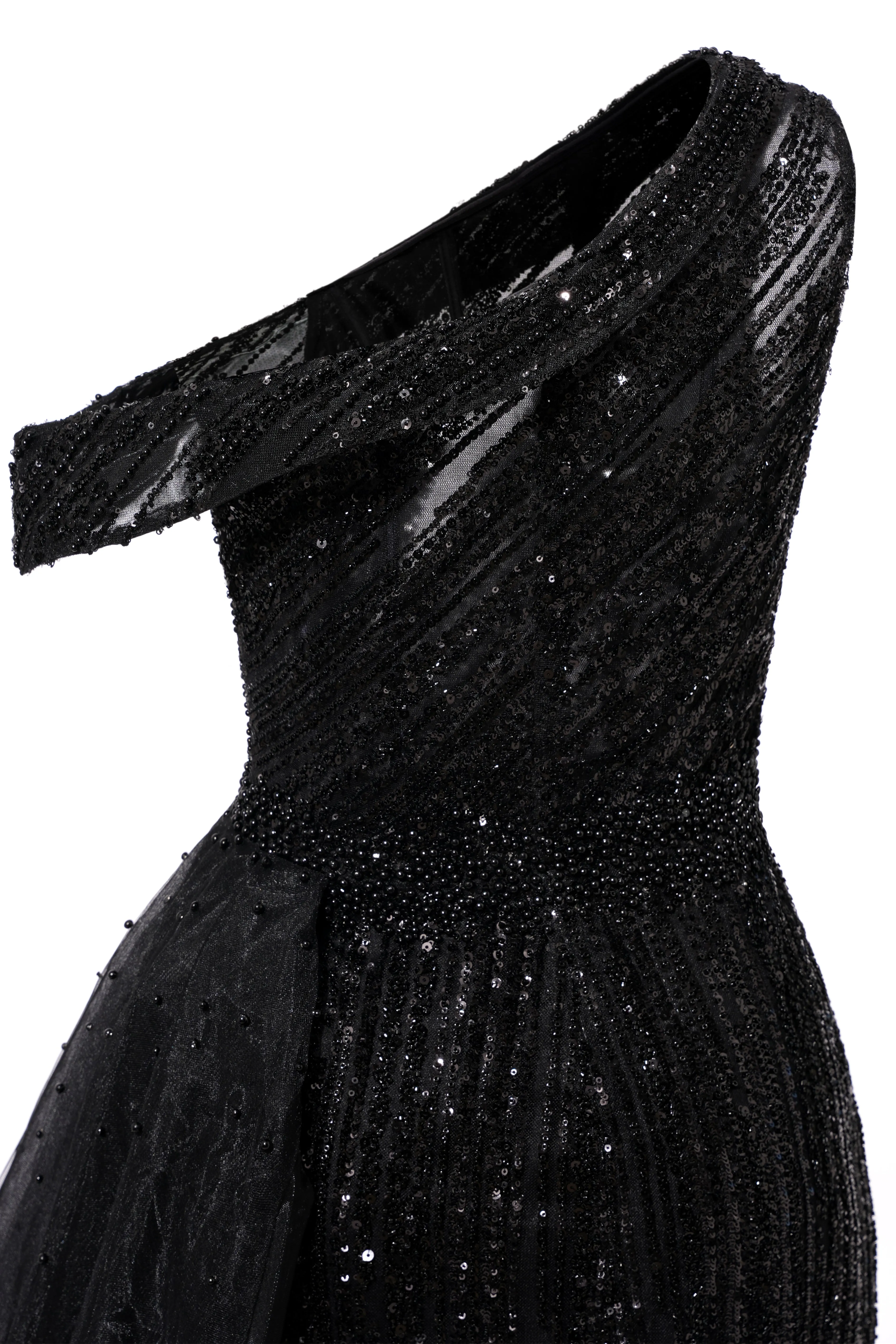 Elegant One Shoulder Black Prom Dresses Sheer Beading Lace Formal Dresses