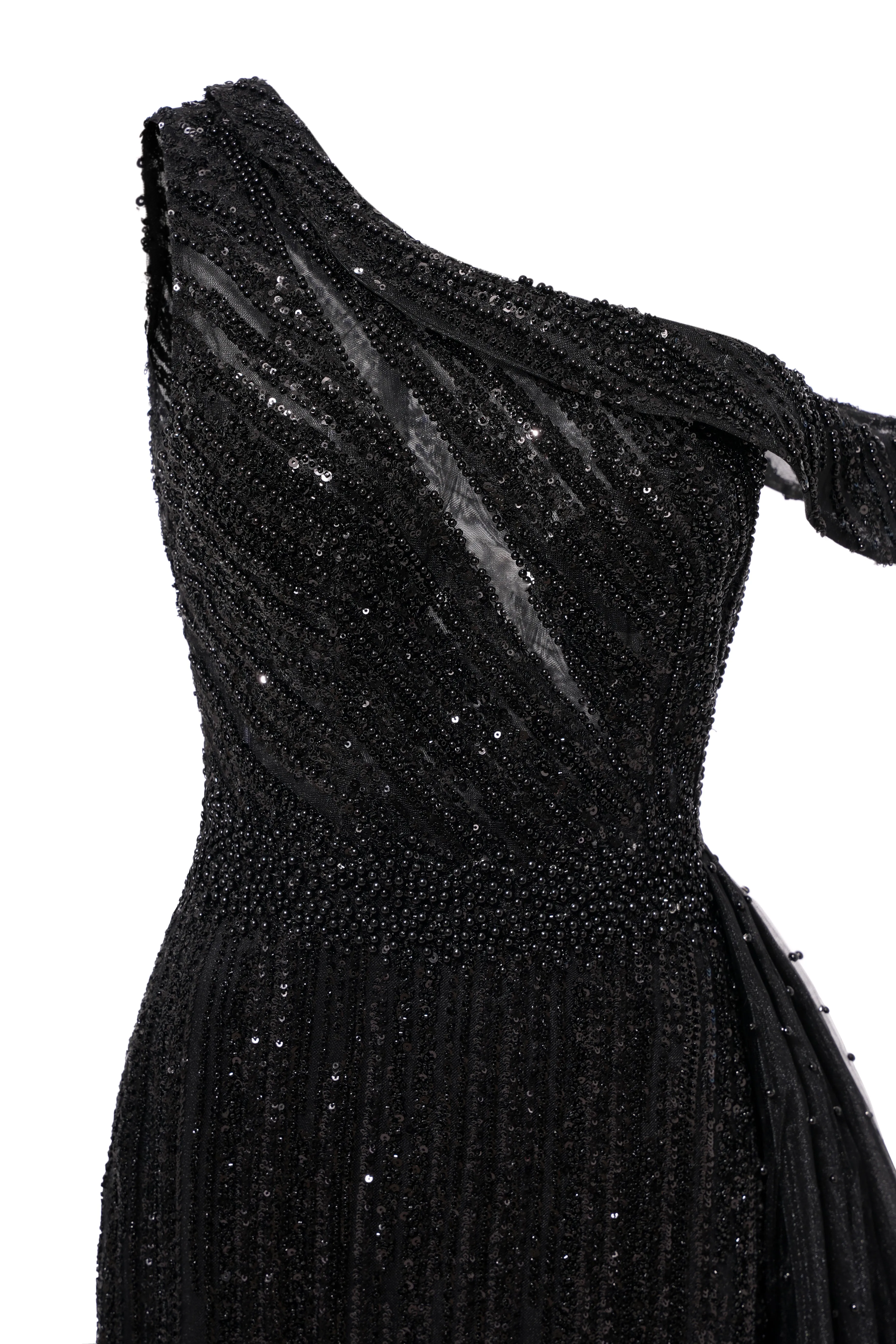 Elegant One Shoulder Black Prom Dresses Sheer Beading Lace Formal Dresses