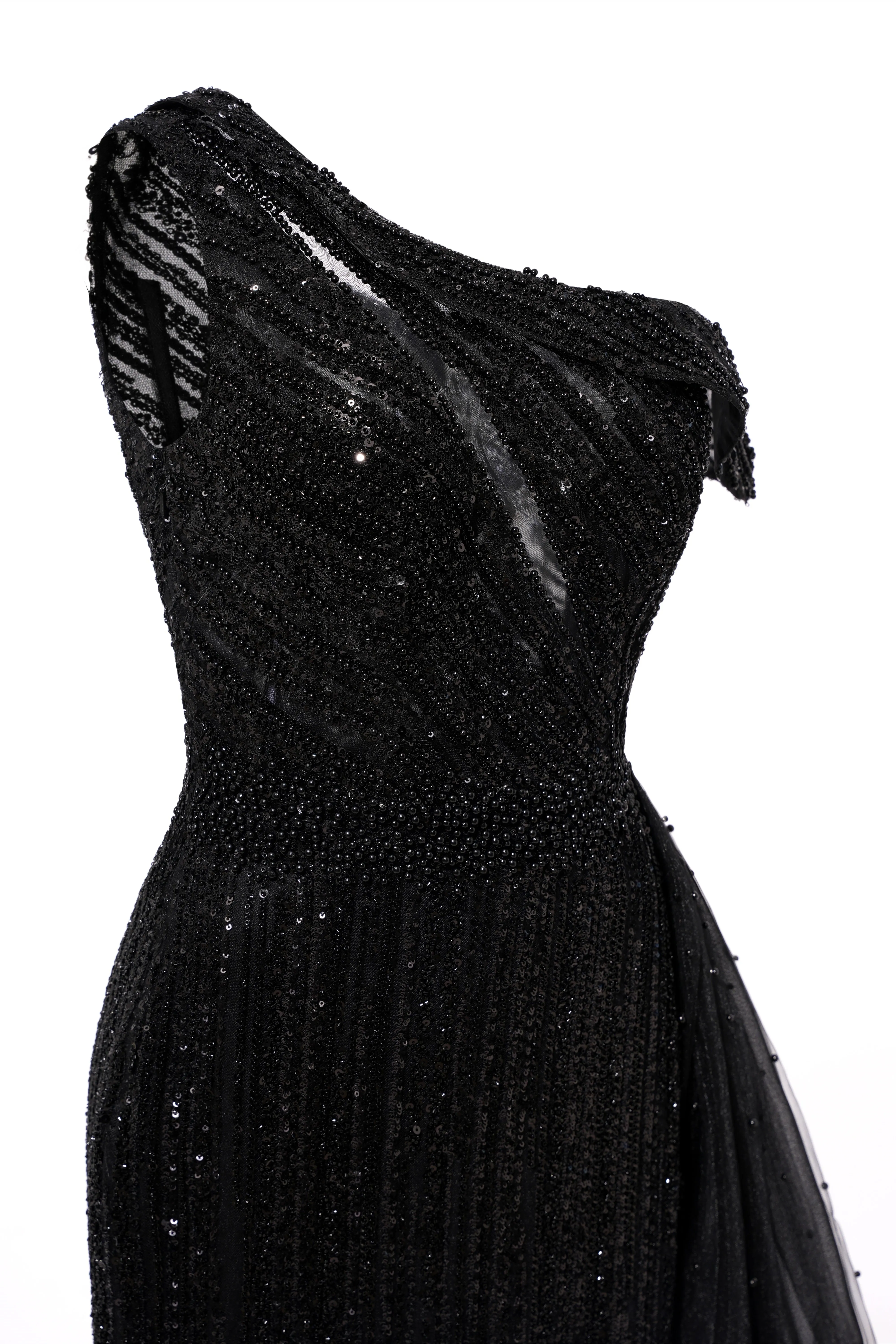 Elegant One Shoulder Black Prom Dresses Sheer Beading Lace Formal Dresses