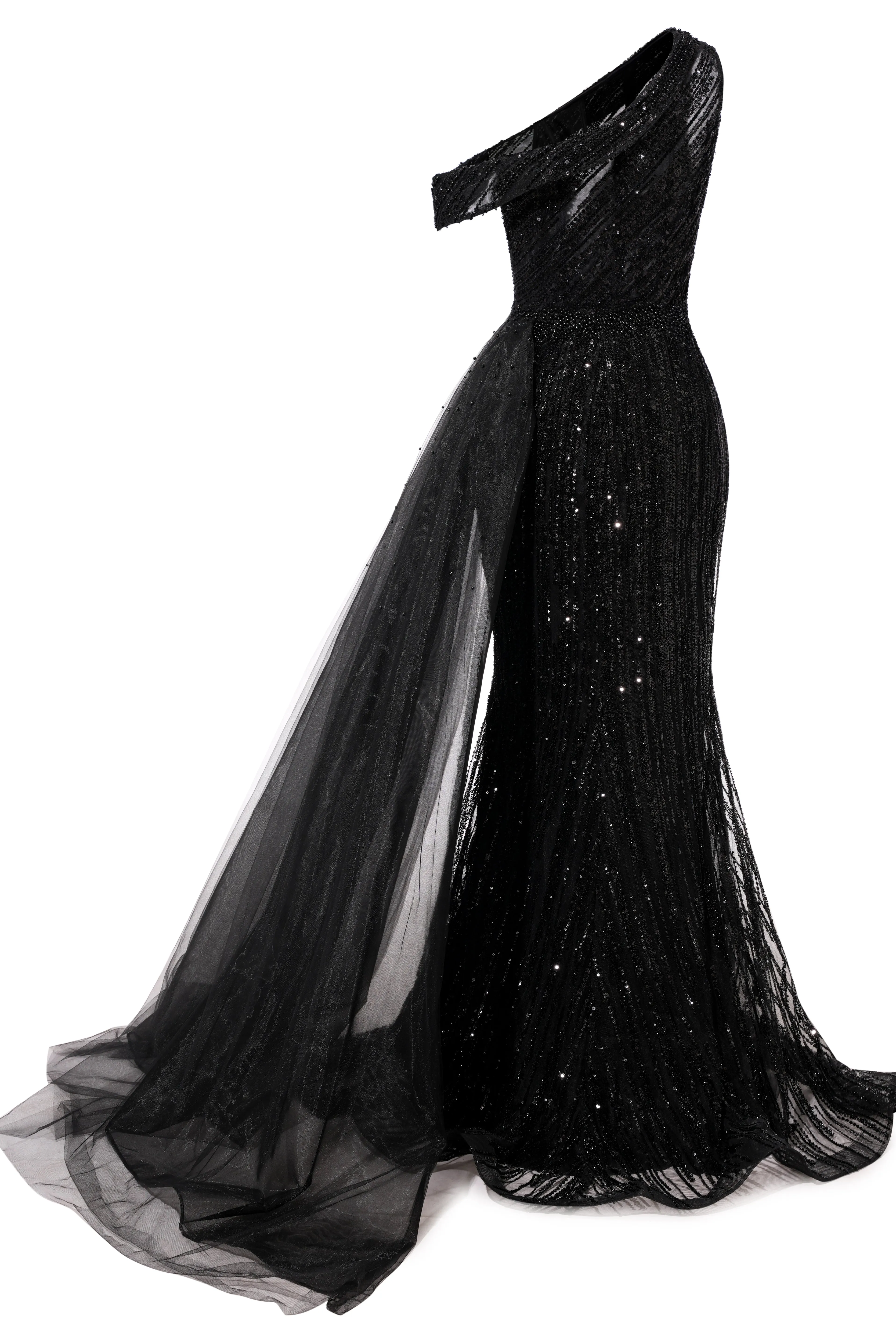 Elegant One Shoulder Black Prom Dresses Sheer Beading Lace Formal Dresses