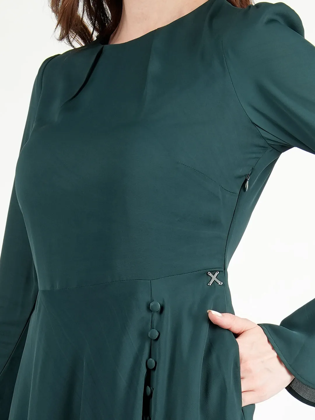 Emerald Green Polyester Gleaming Fit & Flare Dress