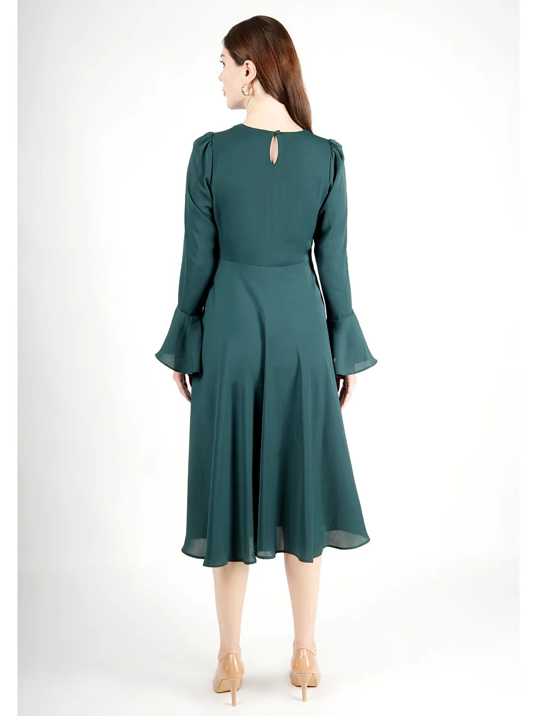 Emerald Green Polyester Gleaming Fit & Flare Dress