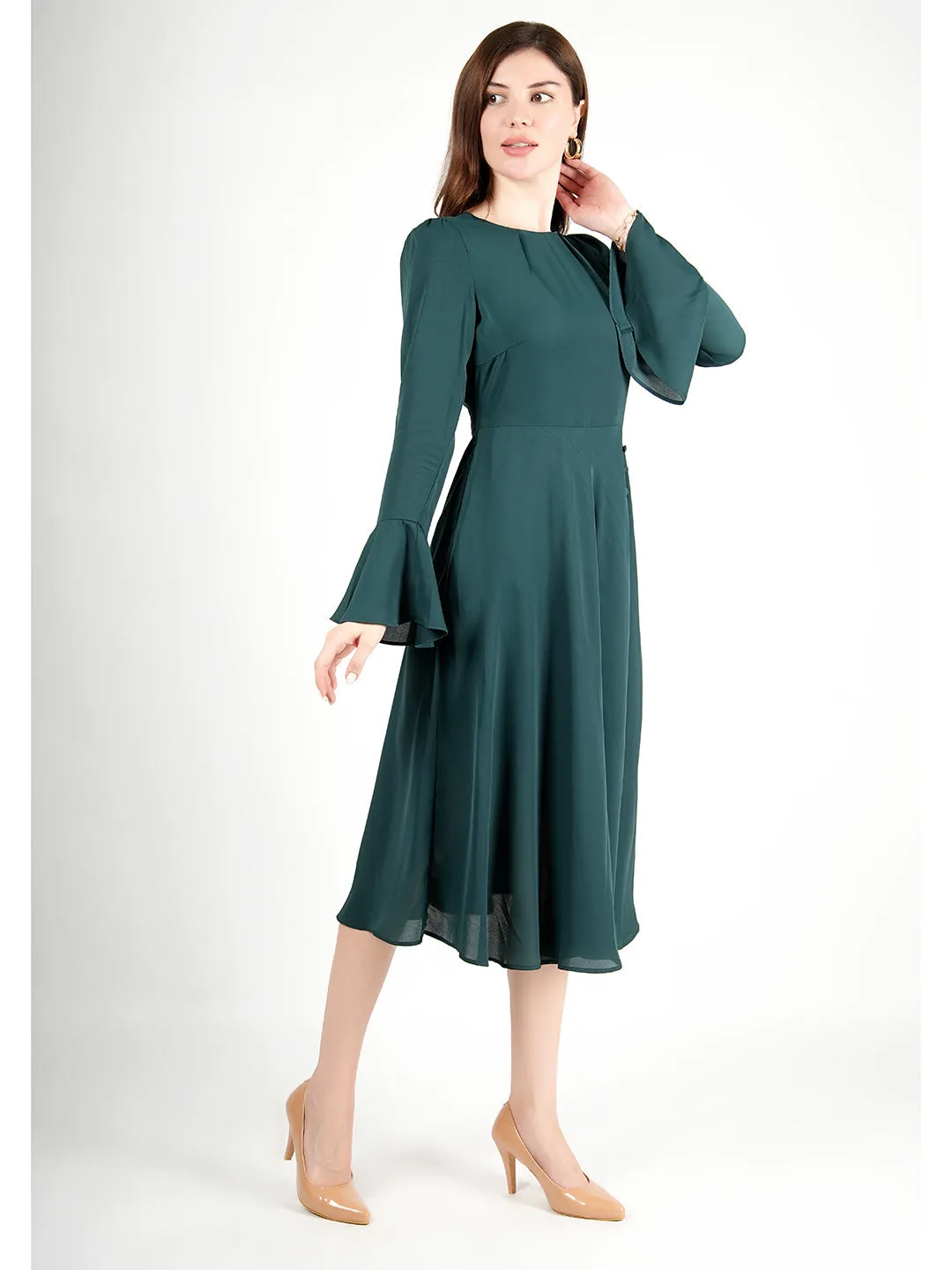 Emerald Green Polyester Gleaming Fit & Flare Dress