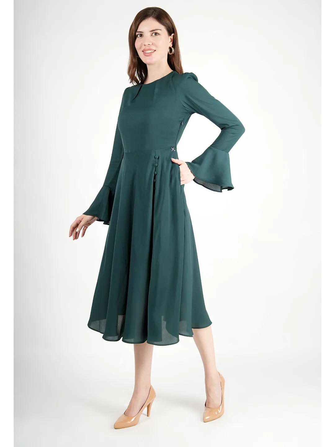 Emerald Green Polyester Gleaming Fit & Flare Dress