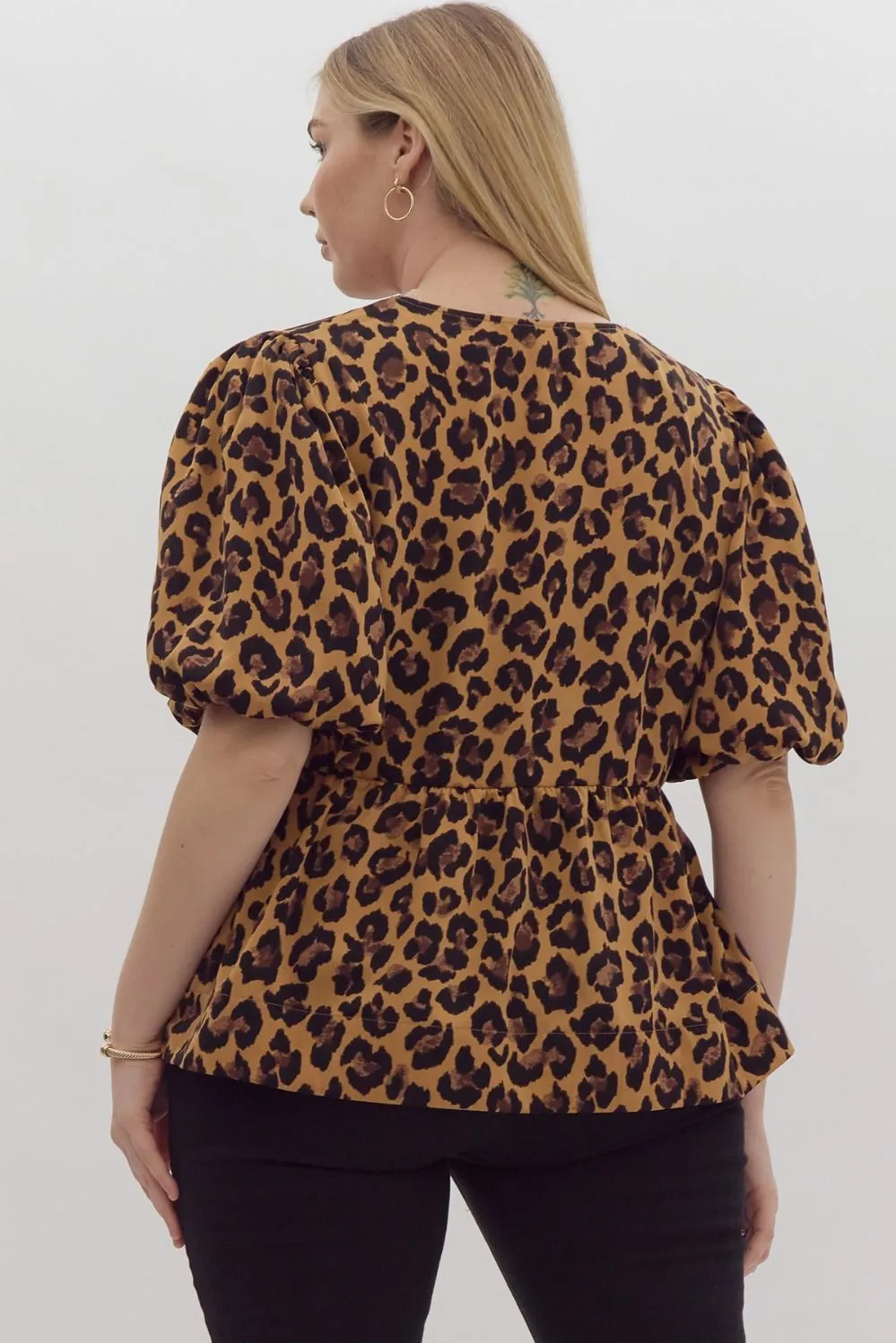 Entro Leopard Print Bubble Sleeve Peplum Top