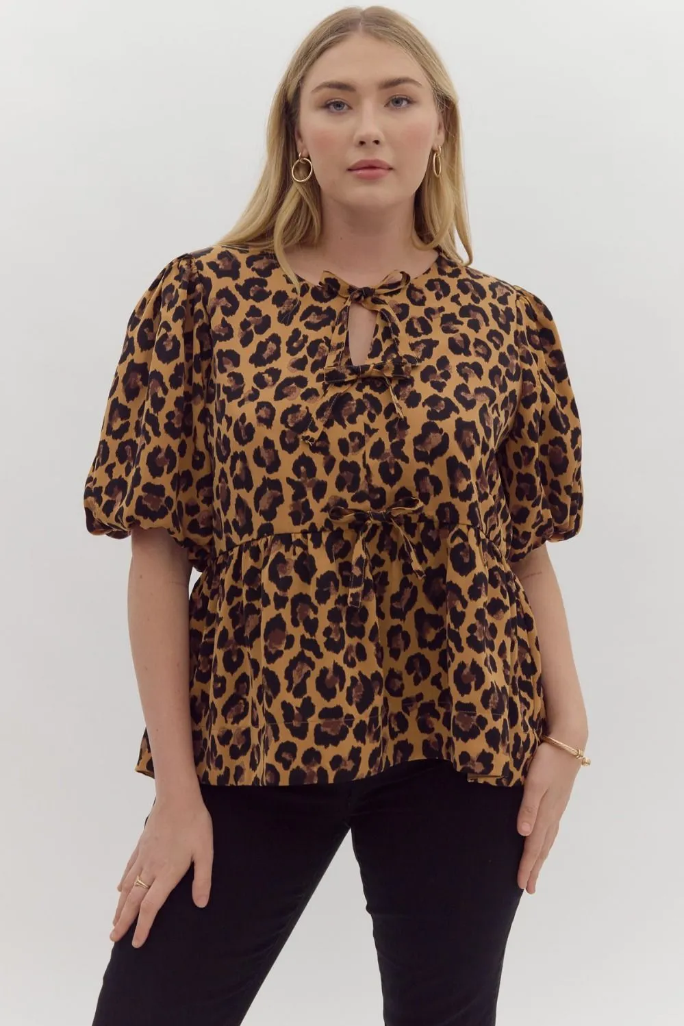 Entro Leopard Print Bubble Sleeve Peplum Top