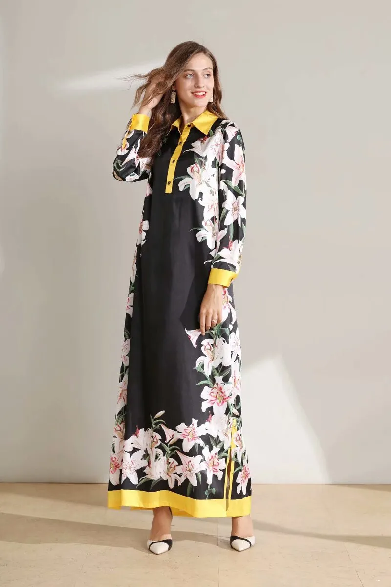 FashionSierra - Long Sleeves Floral Printed Loose Designer Fashion Casual Split Long Dresses