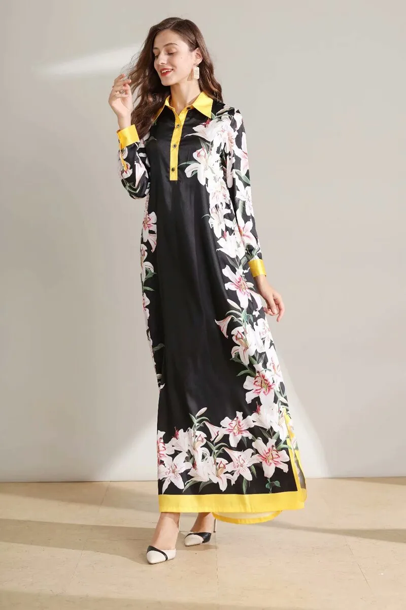 FashionSierra - Long Sleeves Floral Printed Loose Designer Fashion Casual Split Long Dresses