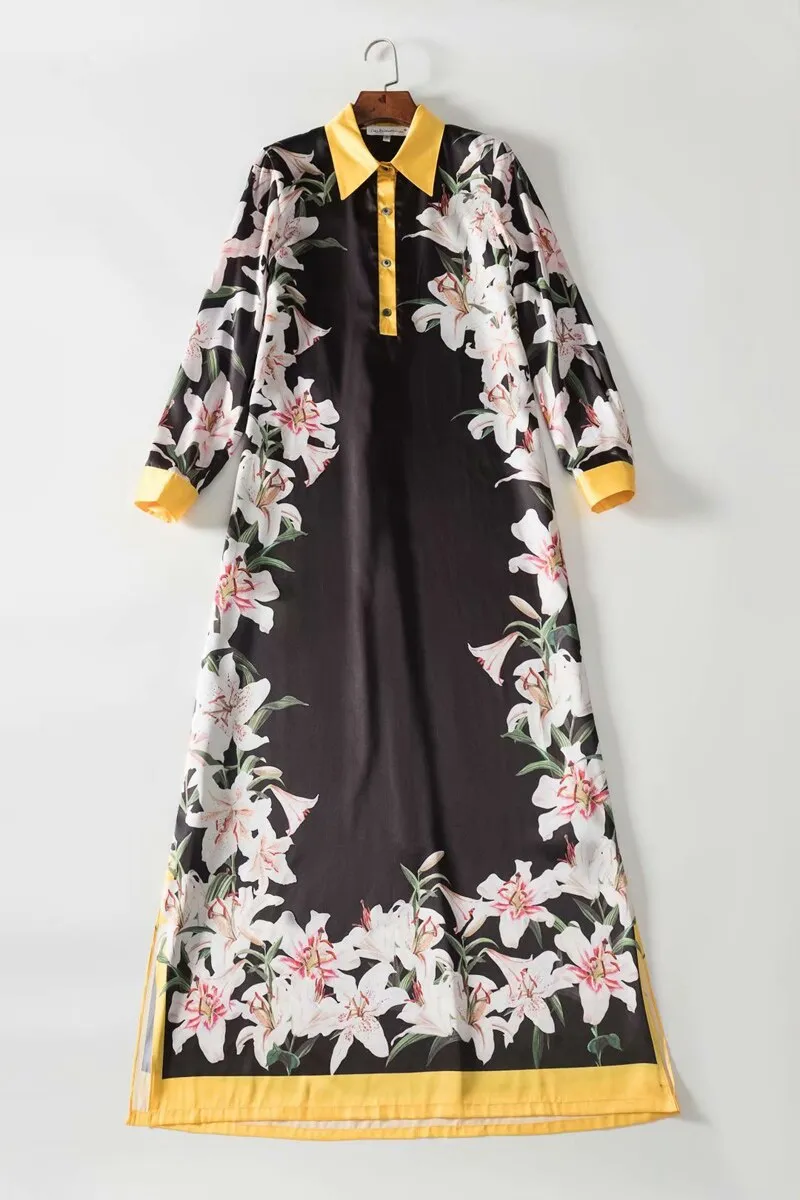 FashionSierra - Long Sleeves Floral Printed Loose Designer Fashion Casual Split Long Dresses