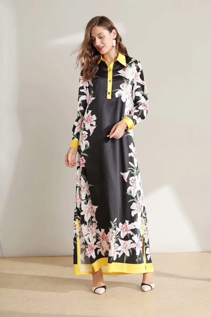 FashionSierra - Long Sleeves Floral Printed Loose Designer Fashion Casual Split Long Dresses