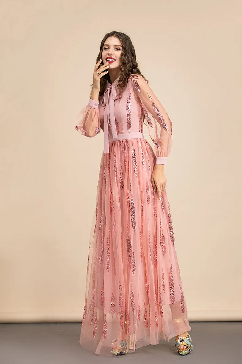 FashionSierra - Long Sleeves Sequined Patchwork Elegant Maxi Party Dresses