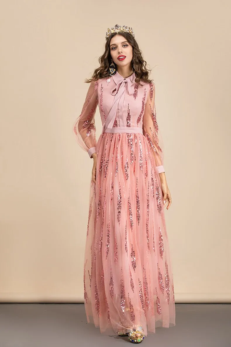 FashionSierra - Long Sleeves Sequined Patchwork Elegant Maxi Party Dresses