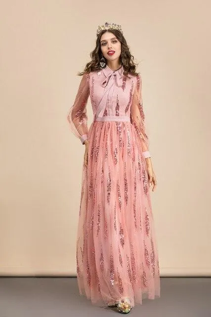 FashionSierra - Long Sleeves Sequined Patchwork Elegant Maxi Party Dresses