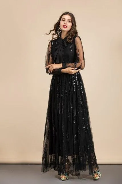 FashionSierra - Long Sleeves Sequined Patchwork Elegant Maxi Party Dresses