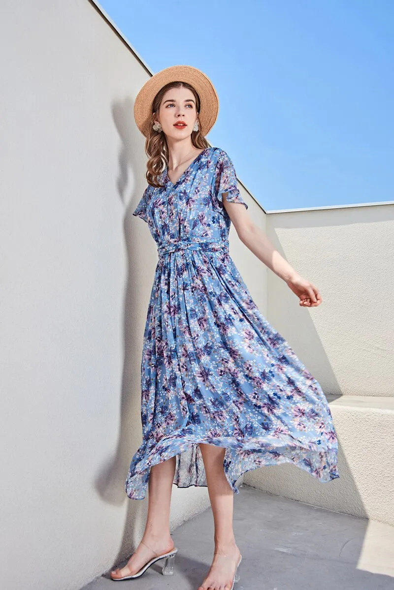 FashionSierra - Sexy V Neck Short Flare Sleeves Printed Ruched Fashion Mid Calf Casual Dresses