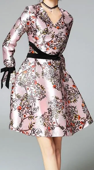 Fit & Flare Floral Print Dress with Contrast-Ribbons