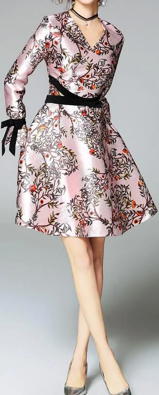 Fit & Flare Floral Print Dress with Contrast-Ribbons