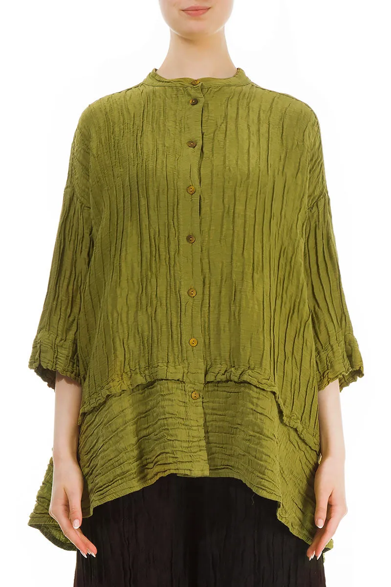 Flared Crinkled Golden Lime Silk Shirt