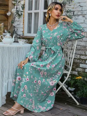 Floral Belted Long Sleeve V Neck Flared High Waist Long Dress