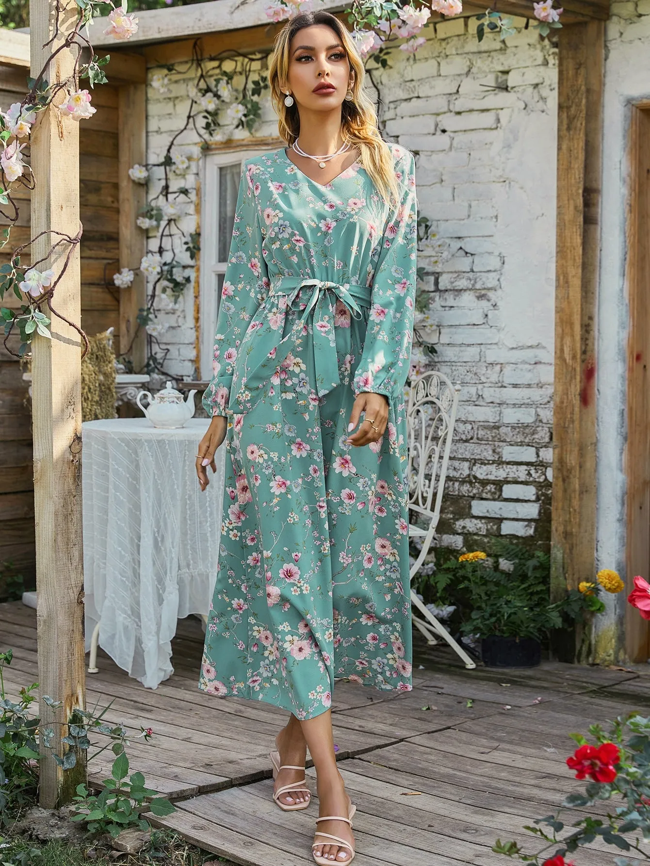 Floral Belted Long Sleeve V Neck Flared High Waist Long Dress