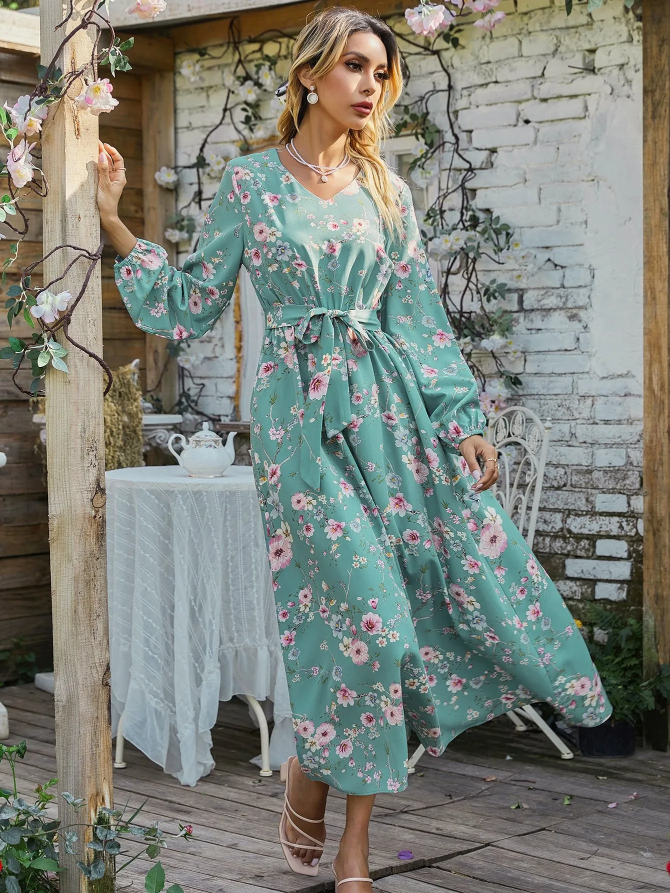 Floral Belted Long Sleeve V Neck Flared High Waist Long Dress