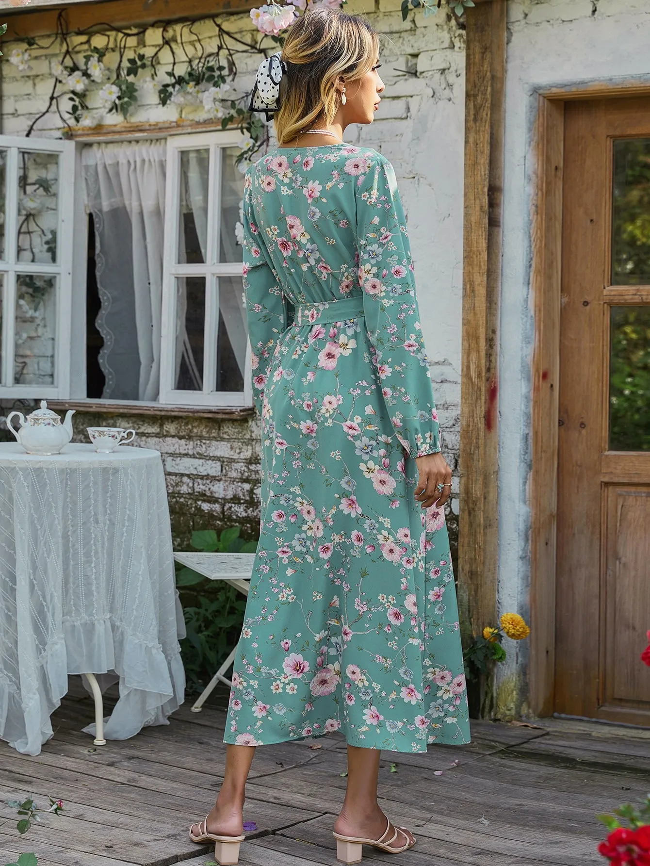 Floral Belted Long Sleeve V Neck Flared High Waist Long Dress