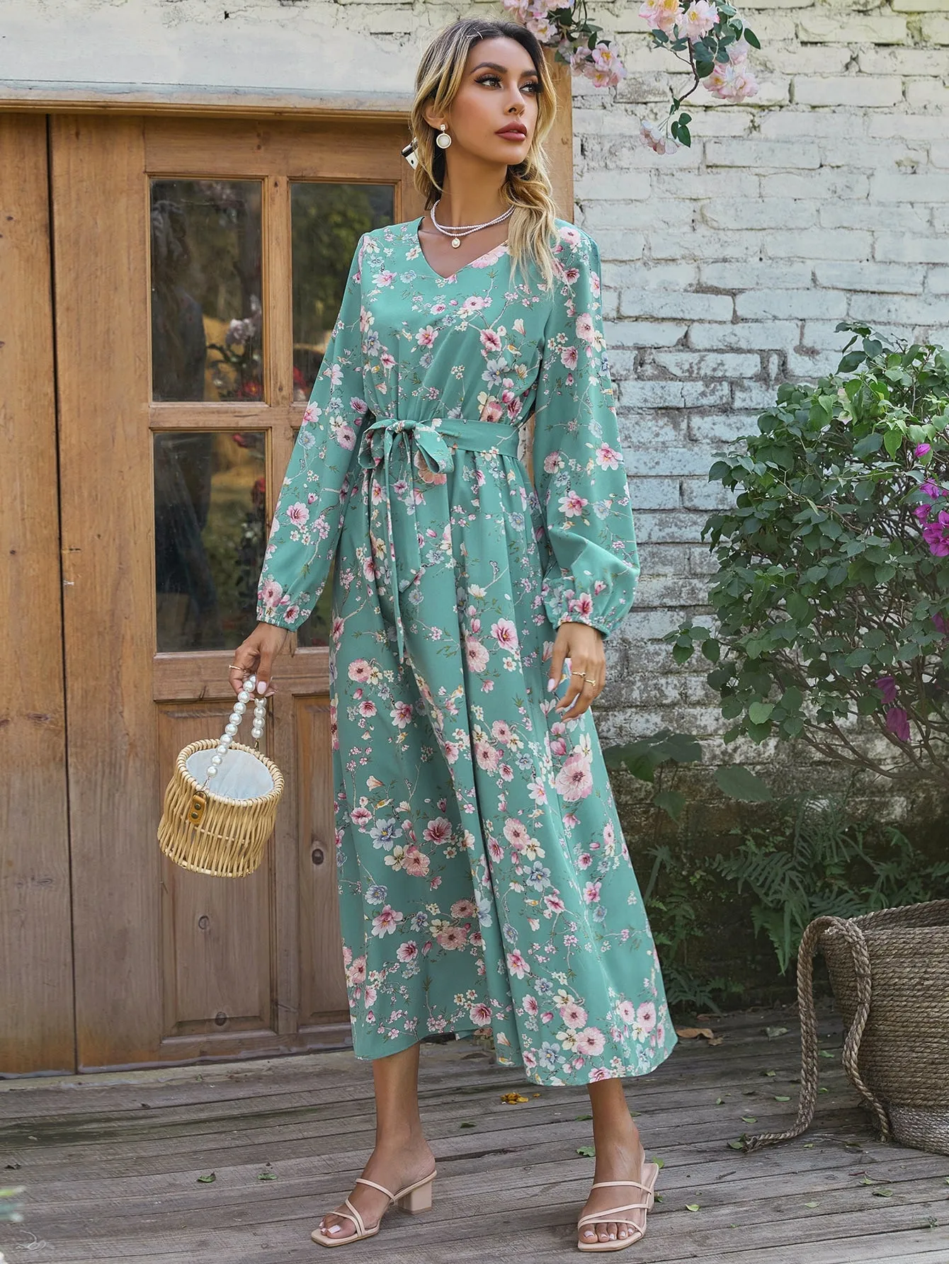 Floral Belted Long Sleeve V Neck Flared High Waist Long Dress