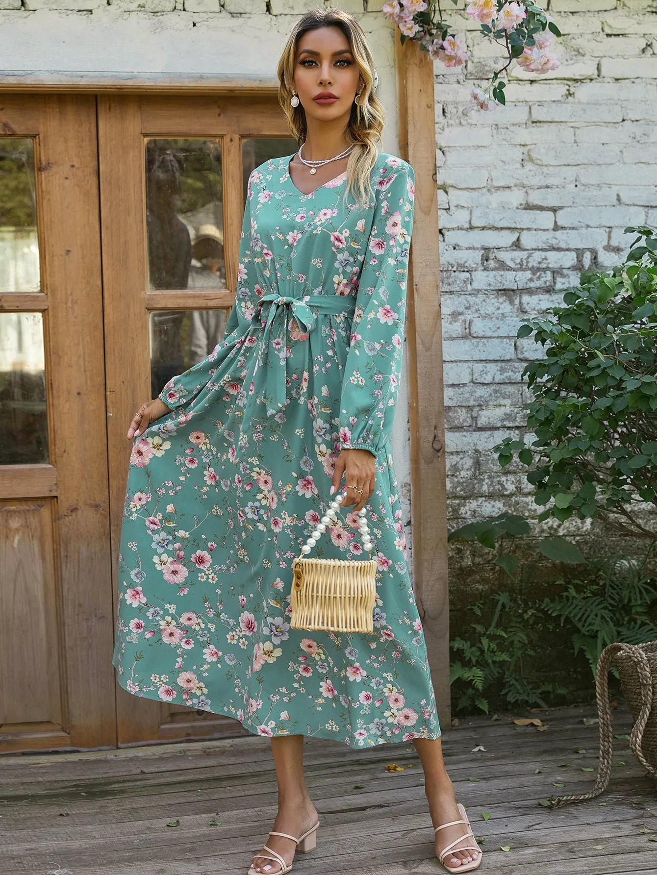 Floral Belted Long Sleeve V Neck Flared High Waist Long Dress