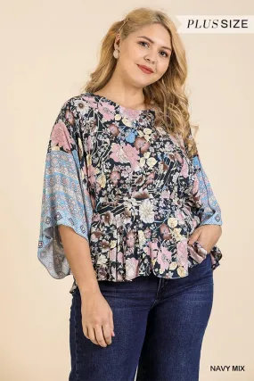 Floral Scarf Mixed Print Kimono Sleeve Round Neck Peplum Hem Top