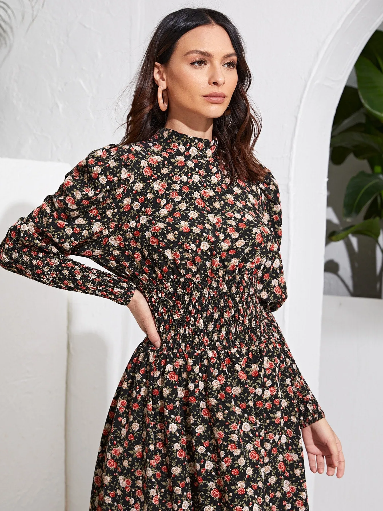 Floral Shirred Long Sleeve Stand Collar Flared High Waist Long Dress