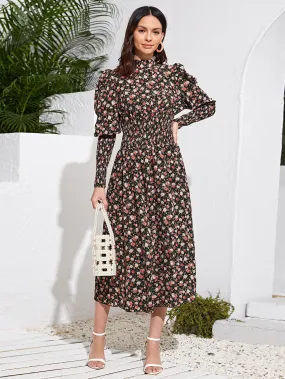 Floral Shirred Long Sleeve Stand Collar Flared High Waist Long Dress