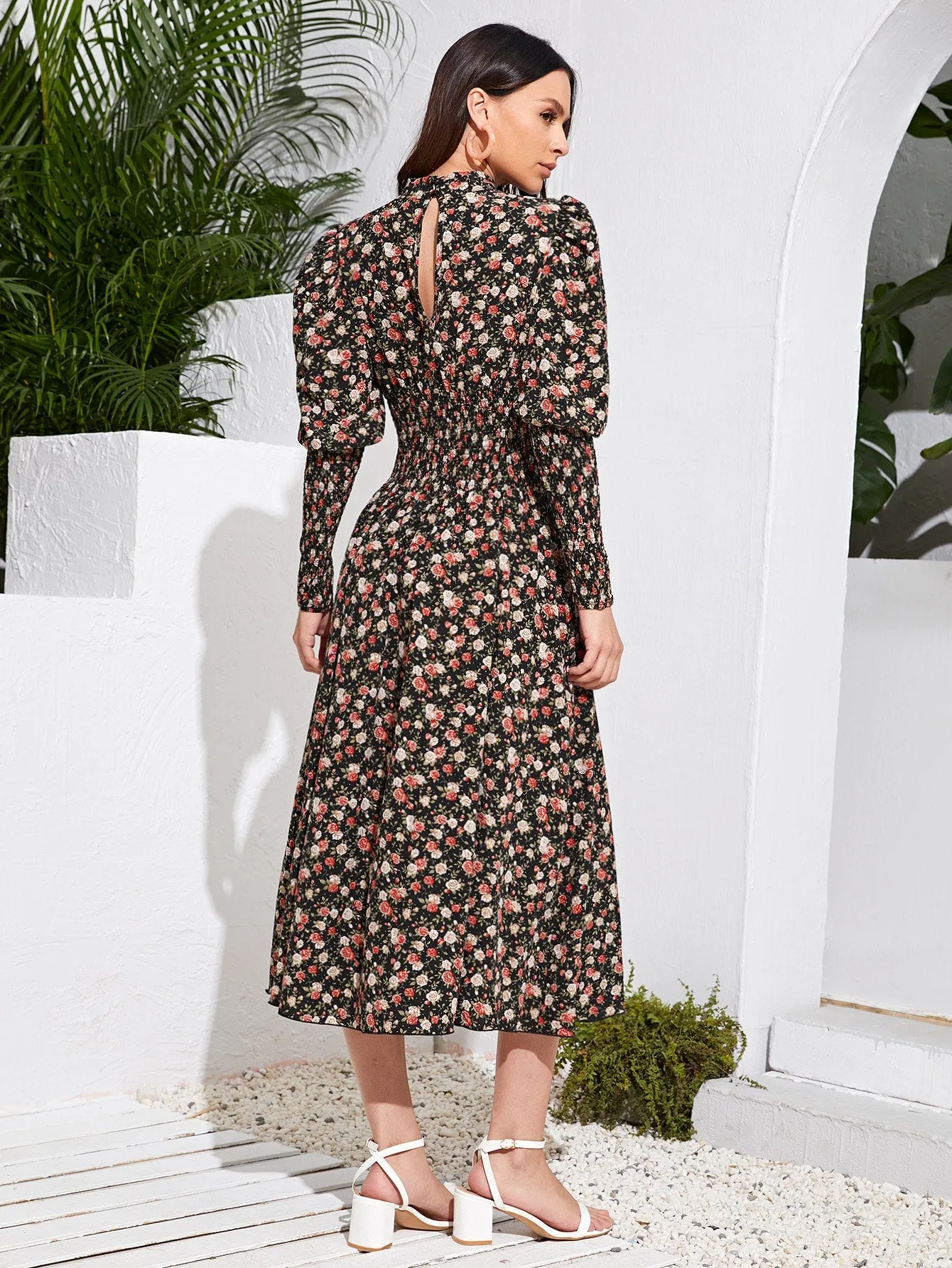 Floral Shirred Long Sleeve Stand Collar Flared High Waist Long Dress