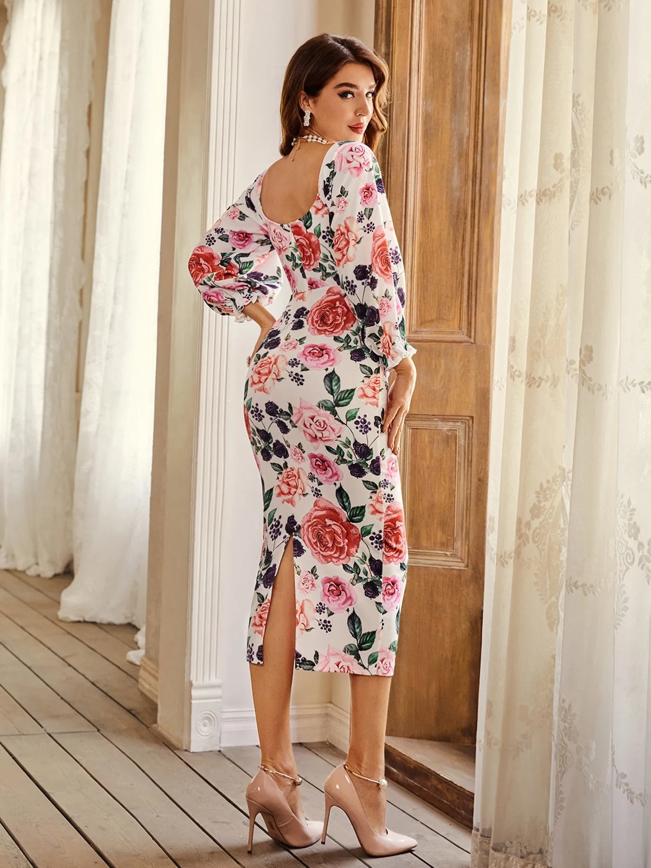 Floral Split Long Sleeve Scoop Neck Pencil High Waist Long Dress