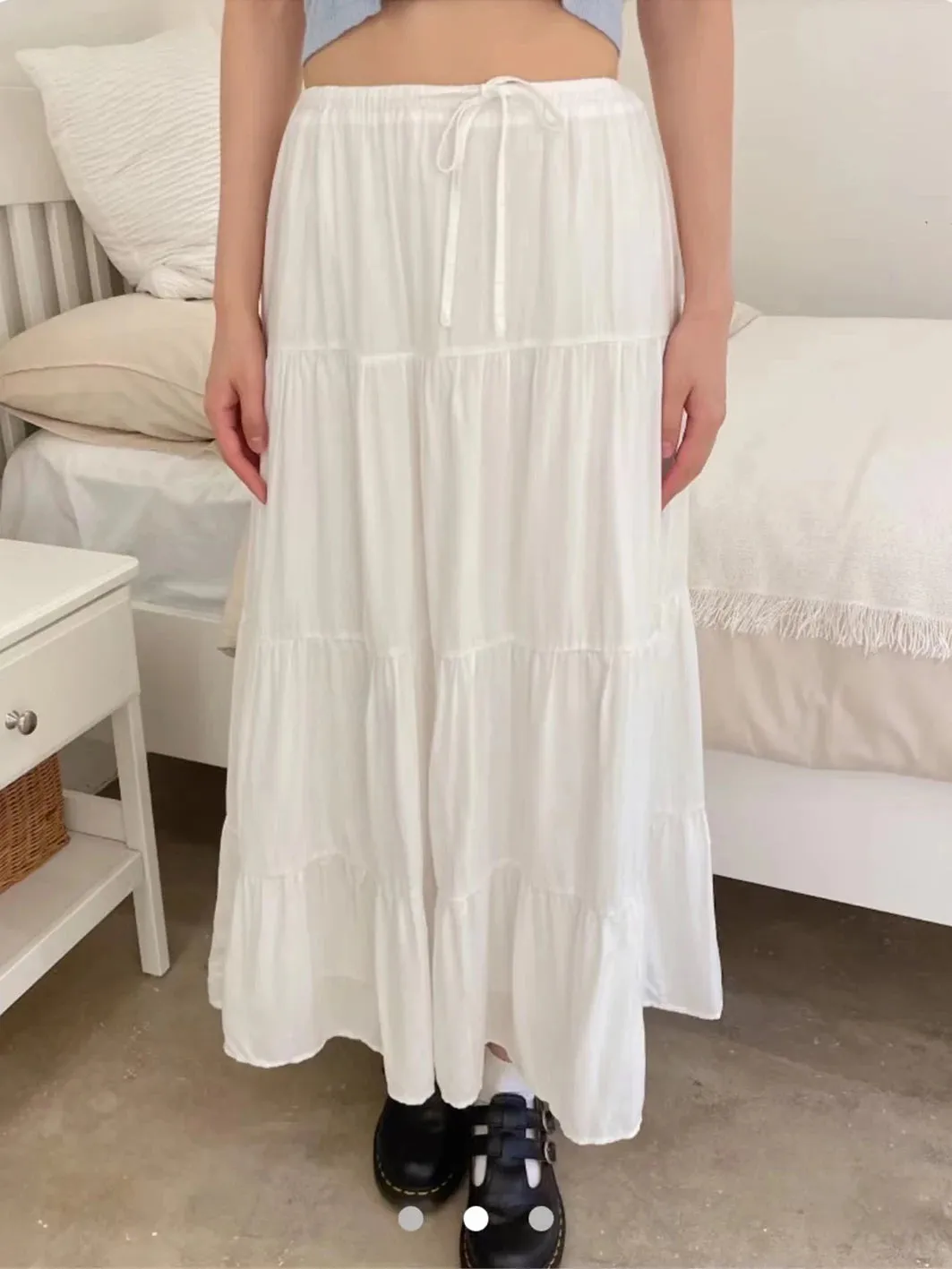 Girlary Folds Lace-up White Maxi Skirts Woman Summer High Waist A-line Loose Faldas Casual Simple Preppy Style Sweet Cute Long Skirt