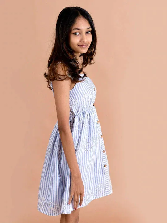 Girls Blue White Striped Schiffli Cotton Fit Flare Dress - Ps Peaches